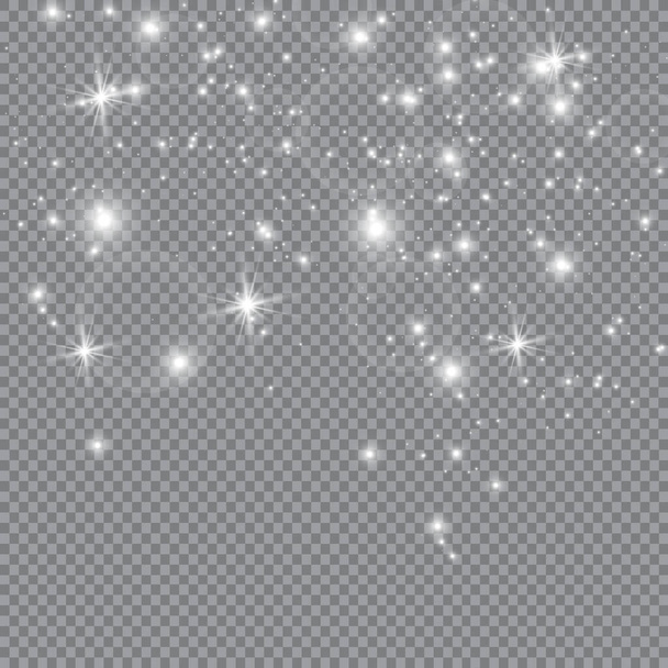 Poussière blanche. Des étincelles blanches et des étoiles dorées brillent avec une lumière spéciale. scintille sur un fond transparent. Modèle abstrait de Noël. Particules de poussière magiques étincelantes
. - Vecteur, image