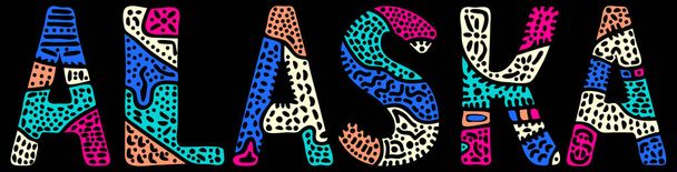 Alaska. Inscripción de contraste de doodle multicolor aislado. Curvas modeladas letras torcidas. Estados Unidos Alaska para imprimir, ropa, camiseta, recuerdo, pancarta, volante, publicidad. Stock vector imagen
. - Vector, imagen