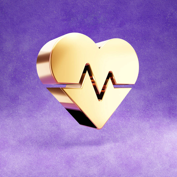 Hartslag icoon. Gold glossy Heart beat symbool geïsoleerd op violette fluwelen achtergrond. - Foto, afbeelding