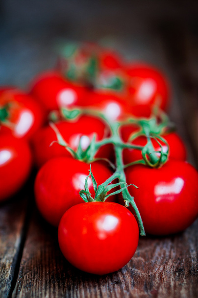 Tomaten am Weinstock auf rustikalem Holzgrund - Foto, Bild