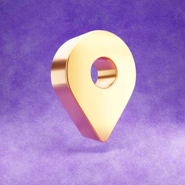 Icono de marcador de mapa. Oro brillante Mapa símbolo aislado sobre fondo de terciopelo violeta
. - Foto, Imagen