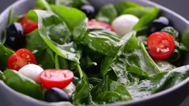 Vejetaryen ve organik gıda konsepti. Çeri domates ve mozzarella taze salataya dökülüyor. - Video, Çekim