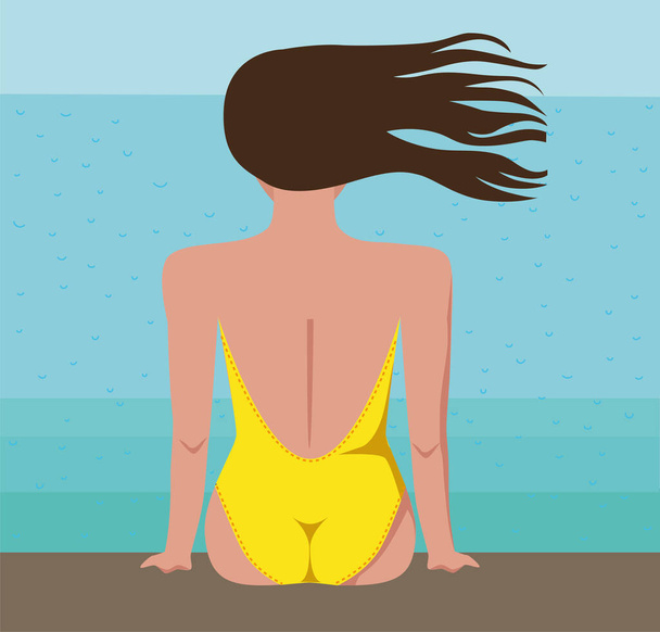 Η γυναίκα κάθεται με την πλάτη της στον θεατή και κοιτάζει τη θάλασσα. Ο άνεμος αναπτύσσει τα μαλλιά της - Διάνυσμα, εικόνα