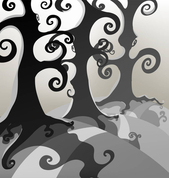 vector dark foggy forest with tall scary trees - Vector, imagen