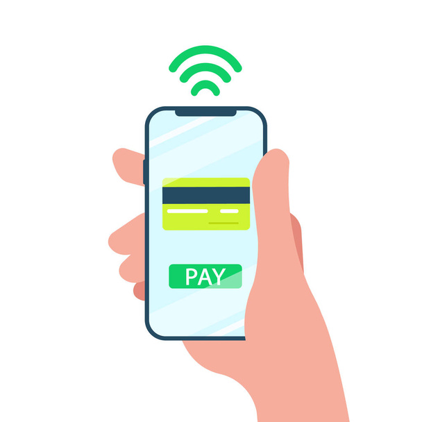 Vector illustration. Mobile payment concept. Hand holding a phone. Smartphone wireless money transfer. Flat design. - ベクター画像