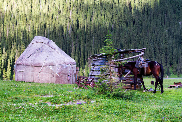 Yurt in Alatau Plateau, Tian Shan mountains near Karakol in Kyrgyzstan. Central Asia - Photo, Image