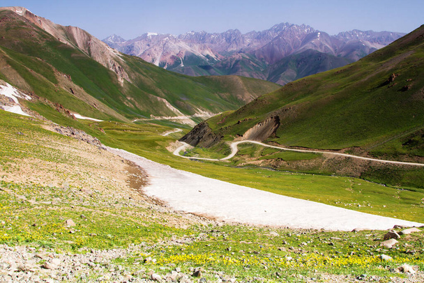 Road to Song Kul lake in Kyrgyzstan. Tian Shan mountains, Central Asia - Photo, Image