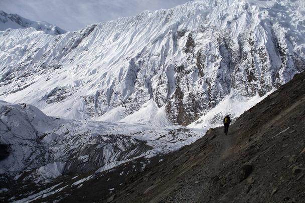 Solo trekker on mountain, enjoying in nature, landscape photography - Photo, image