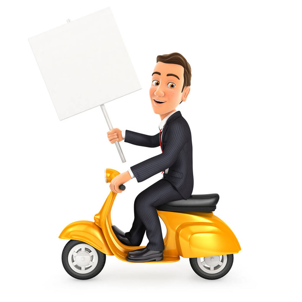 3d businessman riding scooter with blank sign board, illustration with isolated white background - Photo, Image