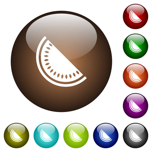 Rebanada de iconos blancos de sandía en botones de vidrio redondos en múltiples colores
 - Vector, imagen