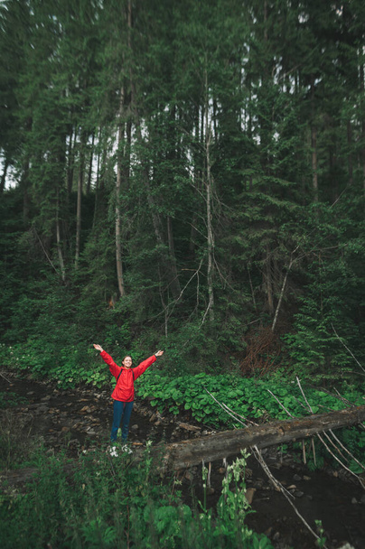 Minimalistic photo of young tourist girl in red raincoat jacket raising her hands up, feeling happy in fir forest near mountain river. Vertical shot of female hiker standing on tree trunk in woods. - Photo, Image