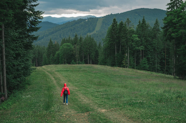 Minimalista fotó, visszapillantás piros esőkabátos turista nőre, séta az ösvényen, hegylánc a háttérben. Zöldellő táj, teljes hosszúságú kép utazó lányról, séta a hegyek között. - Fotó, kép