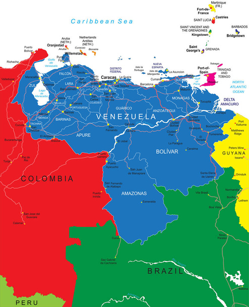 行政区、主要都市や道路とベネズエラの非常に詳細なベクトルマップ. - ベクター画像