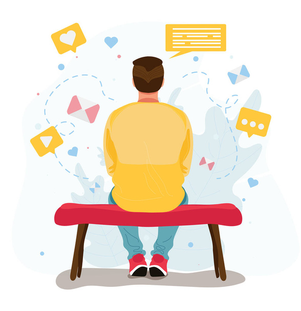 Man in yellow t-shirt and blue pants sits on a bench wit. Different social media icons. Back view. Vector stock illustration in flat cartoon character style isolated on white background.  - Vector, Image