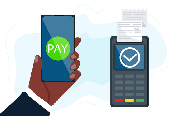 Vector stock illustration of mobile payment via smartphone. Hand holds mobile phone to do contactless payment and POS terminal. Concept illustration in flat style for smart wallet. - Vector, Image