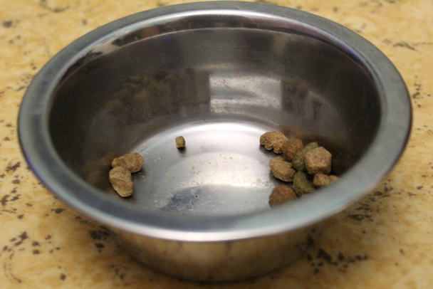 metal plate with dry pet food / photo of a metal bowl close-up for a pet. it contains some brown dry food. - Photo, Image