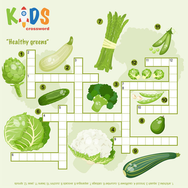 Crucigrama fácil "greens saludables", para los niños en la escuela primaria y media. Divertida manera de practicar la comprensión del lenguaje y ampliar el vocabulario. Incluye respuestas
. - Vector, Imagen