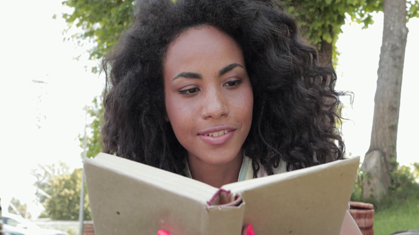 glimlachende Afrikaan amerikaanse vrouw lezen boek in park  - Video