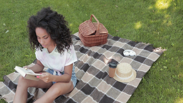 Σοκαρισμένη Αφροαμερικανή διαβάζοντας βιβλίο κατά τη διάρκεια πικ-νικ σε καρό στο πάρκο  - Πλάνα, βίντεο