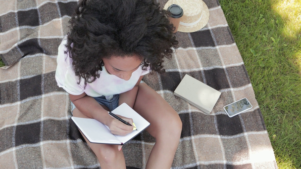 African american girl writing on notebook on plaid in park  - Footage, Video