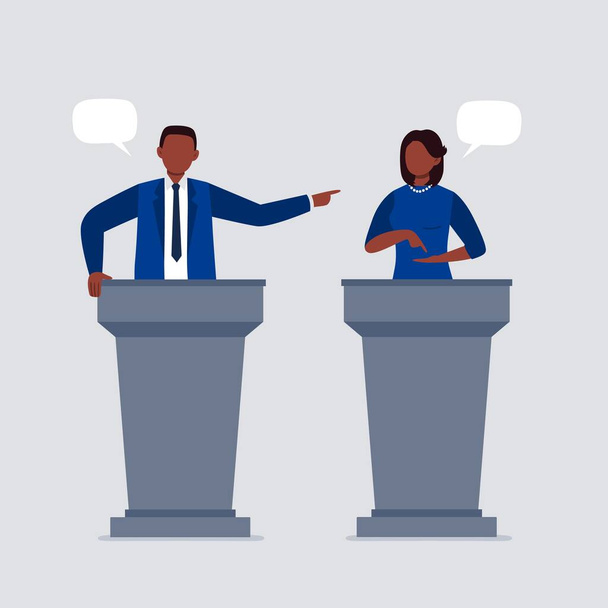 Афроамериканка и мужчина участвуют в дебатах. Пара государственных служащих разговаривают друг с другом, обсуждают проблемы или ссорятся. Плоская векторная иллюстрация
. - Вектор,изображение