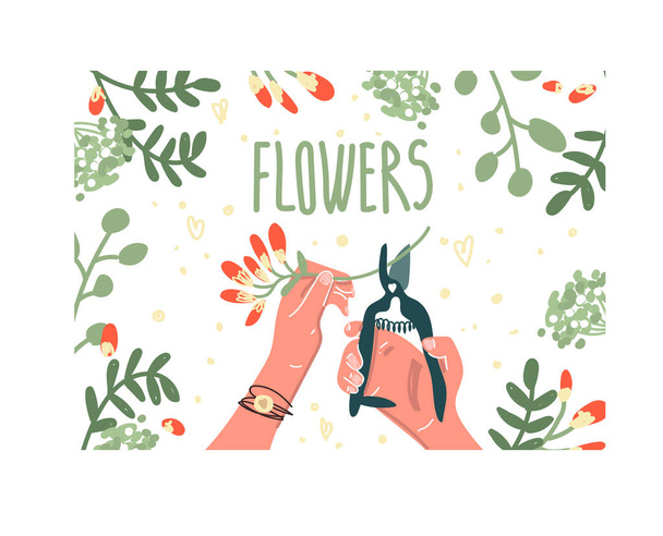 Florist accessories on an isolated background. Bouquet in hand, cutting flowers, scissors, pruning shears, floral ribbon. Wedding bouquet. Background for the site of colors. Stickers, postcard. Vector - Vektor, kép