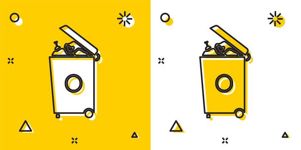 黒いゴミは黄色と白の背景に隔離されたアイコンができます。ゴミのゴミ箱の看板。リサイクルバスケットのアイコン。オフィスのゴミアイコン。ランダムな動的形状。ベクターイラスト. - ベクター画像