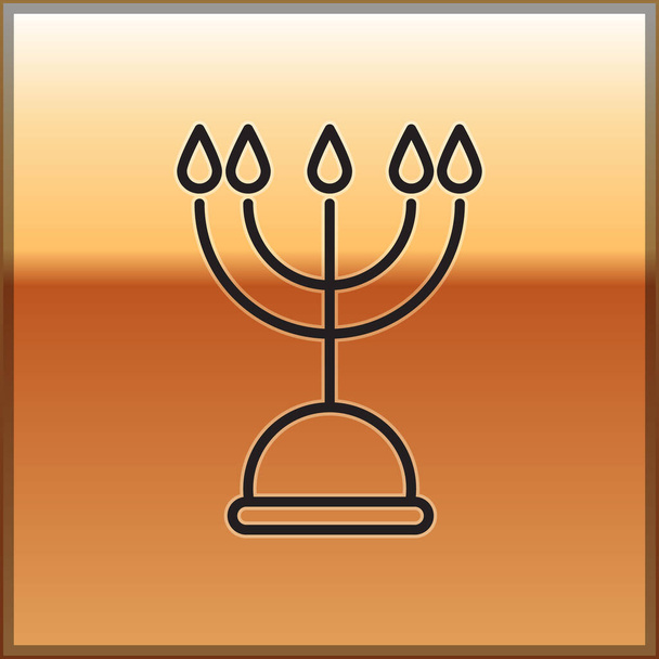 Fekete vonal Hanuka menóra ikon elszigetelt arany háttér. Hanuka hagyományos szimbólum. Ünnepi vallás, zsidó fényfesztivál. Vektorillusztráció. - Vektor, kép
