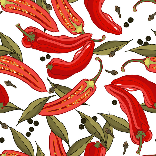 Απρόσκοπτη διανυσματικό μοτίβο με καυτερή πιπεριά και μπαχαρικά - γαρίφαλα, πιπεριές, φύλλα δάφνης - Διάνυσμα, εικόνα