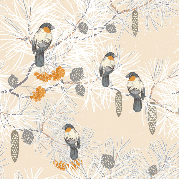 Seamless vector pattern with bullfinches sitting on pine branches, with cones, mountain ash - Vector, Image