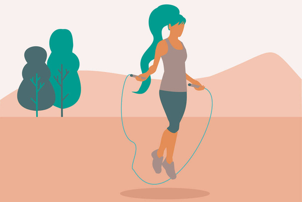 Illusztráció egy nőről, aki ugrókötelet ugrál a parkban. Fitness és Wellness - Vektor, kép