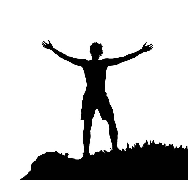 Zwart silhouet van de mens staand en poserend met uitgestrekte handen, geïsoleerd op witte achtergrond. Vector Illustratie.  - Vector, afbeelding