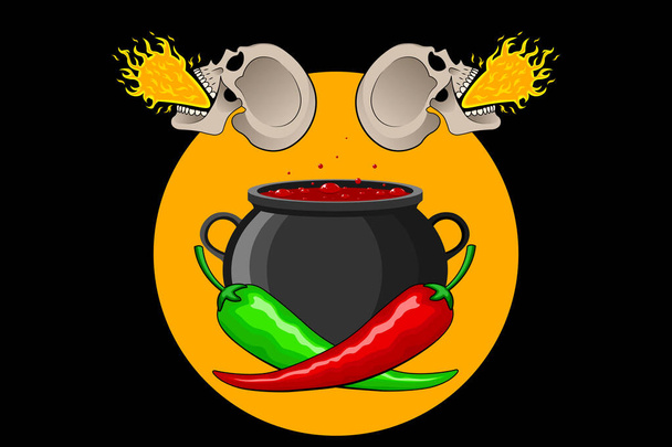 Poivrons mexicains rouges et verts sur le fond d'un chaudron avec plat mexicain mijotant chaud et crâne avec feu de la bouche. Vecteur isolé pour la cuisine, sites Web, blogs, publicité - Vecteur, image