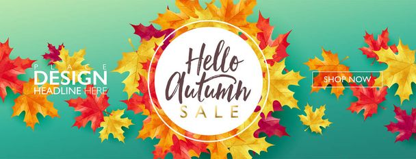 Autumn seasonal sale discount marketing design layout. Hello autumn banner concept. Maple theme design on green gradient background. Vector illustration template. - Vector, Image