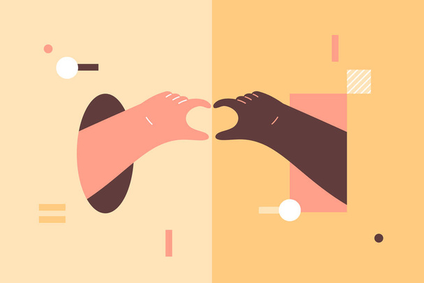 Two different skin color hands showing heart gesture, geometric elements on colorful background. All lives matter, anti racism, peace, equality concept. Flat vector cartoon illustration. - Vector, Image