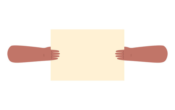 Δύο σκουρόχρωμα χέρια που κρατούν άδεια φύλλα χαρτιού που απομονώνονται σε λευκό. Χώρος για φόντο κειμένου. Διαμαρτυρίες, συναντήσεις. Επίπεδη διανυσματική απεικόνιση σε στυλ κινουμένων σχεδίων. - Διάνυσμα, εικόνα