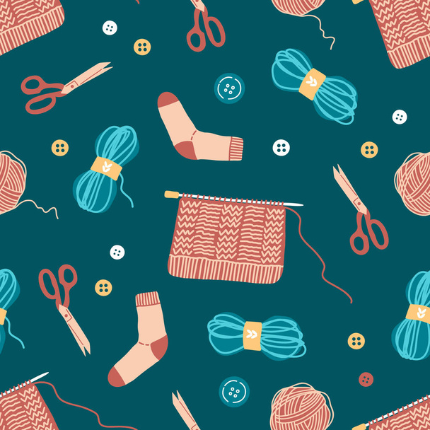 Colorful hand drawn tools and accessories for crochet seamless pattern on dark blue green background. Scissors, buttons, yarn, socks, knitted elements. Flat cartoon vector illustration. - Vector, Image