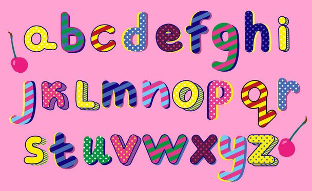 Alphabet in pop art style. ABC lettering.Latin,American and English language.Different ornaments: stripes,dots,comic strokes. Suitable for kindergarten,nursery school,magazine covers.Font vector - Vector, Image
