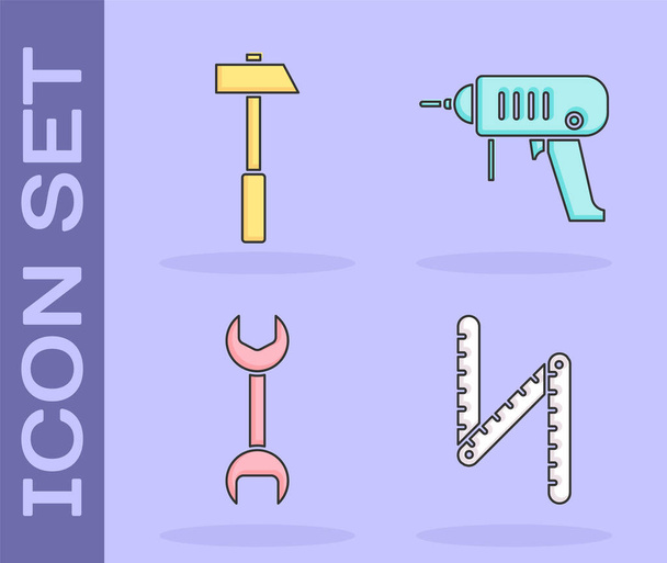 Set Folding ruler, Hammer, Wrench spanner and Electric drill machine icon. Vector. - Vector, Image