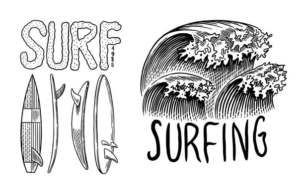  サーフバッジだ。レトロな波。ヴィンテージサーファーのロゴ。カリフォルニアの夏のラベル。サーフボードと海。刻まれた紋章の手が描かれた。旗又はポスター. - ベクター画像