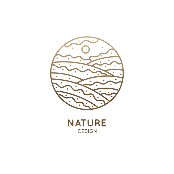 Landscape pattern of logo in linear style. Outline vector icon of nature with trees, sun, fields, sky - business emblems, badge for a travel, farming and ecology concepts, health, spa and yoga Center. - Vetor, Imagem