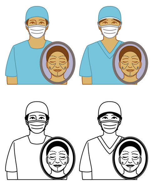 σετ πλαστικού χειρουργού διανυσματικά εικονίδια ανδρών και γυναικών, που φορούν μάσκα και ποδιά, με αντανάκλαση ασθενούς στον καθρέφτη, απομονωμένα σε λευκό φόντο - Διάνυσμα, εικόνα