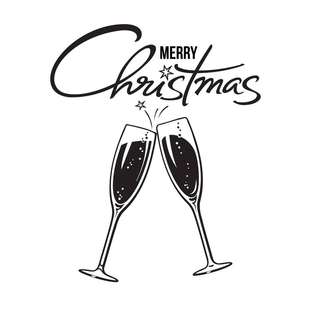 Two sparkling glasses of champagne or wine and Merry Christmas handwritten text. Holiday cheers icon - Wektor, obraz