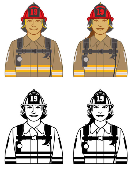 conjunto de bombeiro, bombeiro, ícones vetoriais mulher de fogo masculino e feminino, em uniforme, isolado em um fundo branco
 - Vetor, Imagem