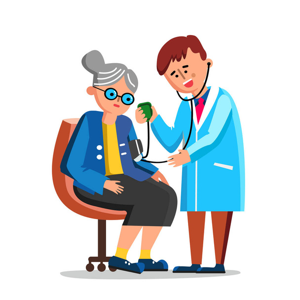 Doctor Measuring Old Woman Blood Pressure Vector - Vector, Image