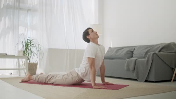 Man Practice Yoga Sun Salutation. Body Care Morning Routine at Cozy Interior Room Indoor. Down and Up Facing Dog Pose Asana for Body Care, Healthy Spine and Productive Day - Séquence, vidéo