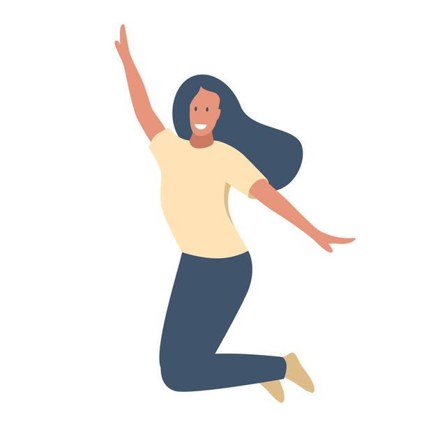 Young beautiful girl jumping with smile flat vector illustration. Girl having fun and dancing at the party and jumping with hands up in the air. Happy smiling stylish dark-haired girl jump in the air - Vector, Image