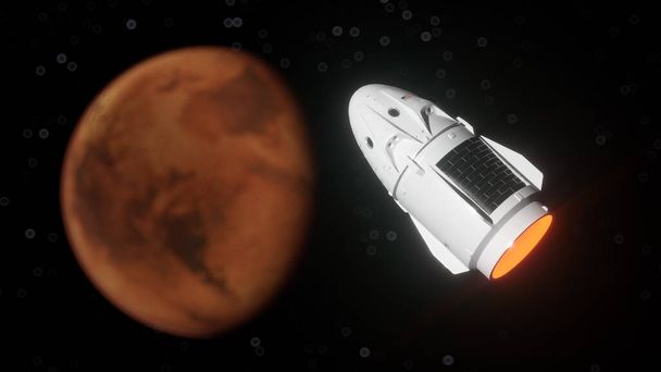 Vesmírná loď poblíž oběžné dráhy Marsu. 3D ilustrace kosmických lodí letících na planetu - Fotografie, Obrázek