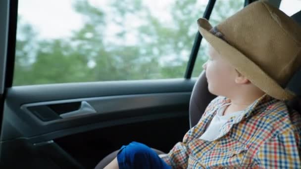 lifestyle, cute little male child in straw hat looks out window while sitting in car seat, boy has fun and rejoices - Footage, Video
