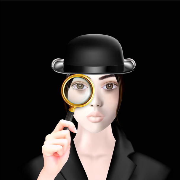 Realistisches Porträt einer Geheimagentin oder eines Privatdetektivs mit Hut und Lupe. Wir arbeiten an einem Einstellungskonzept. 3D-Illustration isoliert auf schwarzem Hintergrund. - Foto, Bild